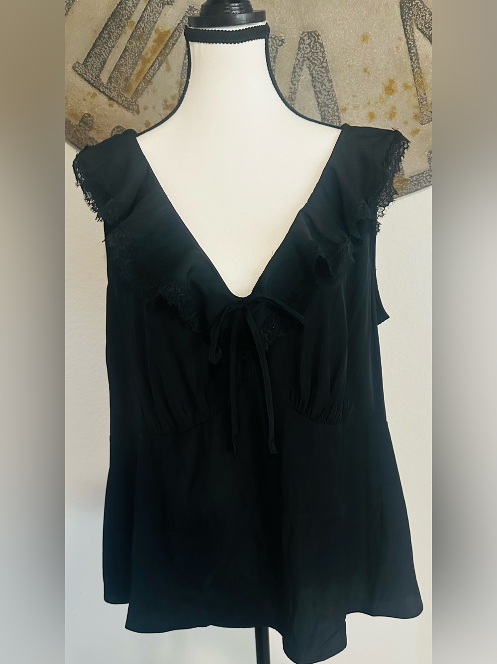 Black V-Neck Ruffle Lace Tie Front Top